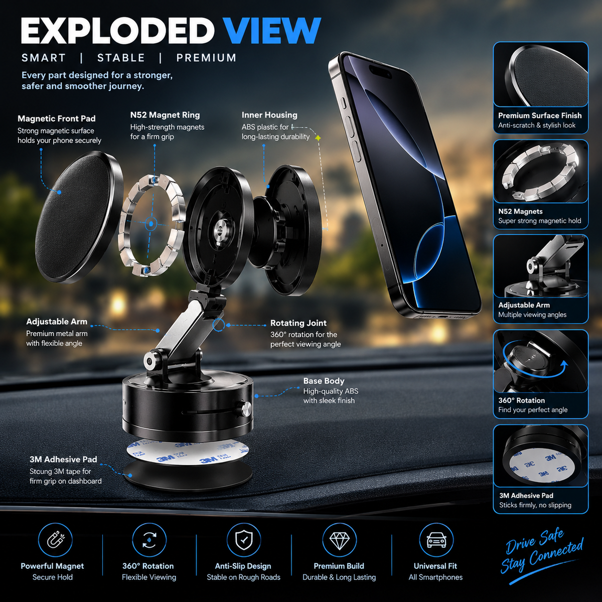 360° Magnetic Car Phone Holder – Premium Dashboard Mount